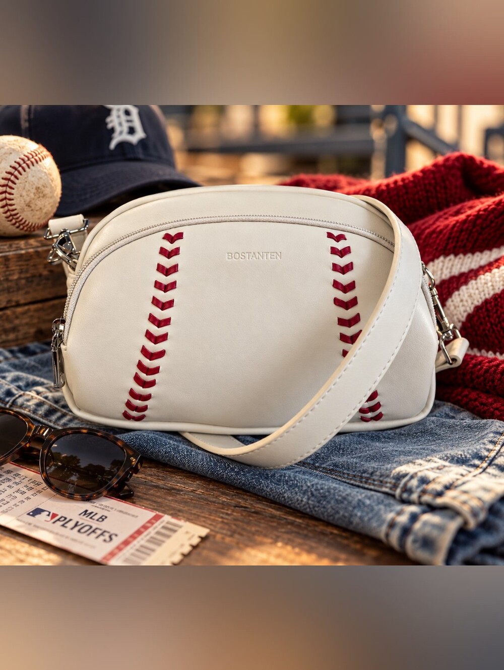 BOSTANTEN White Baseball Stitch Crossbody Bag Red Stitching Game Day Purse